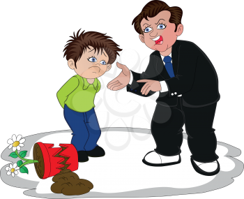 Vector illustration of businessman scolding his son for breaking the flower pot.
