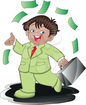 Vector illustration of happy businessman carrying briefcase, money flying all around.