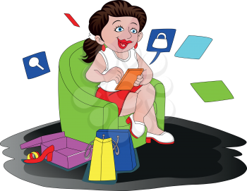 Vector illustration of happy woman shopping online.