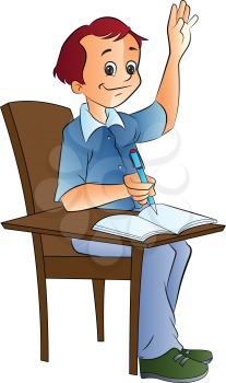 Boy Student Raising His Hand, vector illustration
