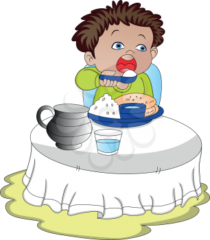 Vector illustration of hungry boy eating food.