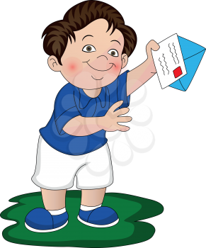 Vector illustration of smiling boy holding envelope and letter.