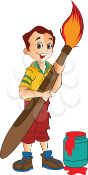 Young Boy with a Giant Paintbrush, vector illustration