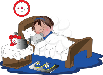 Vector illustration of cute little girl sleeping with her teddy bear on bed.