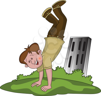 Vector illustration of happy boy in upside down position.
