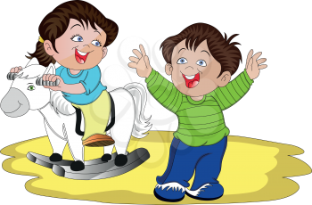 Vector illustration of happy brother and sister playing with rocking horse.