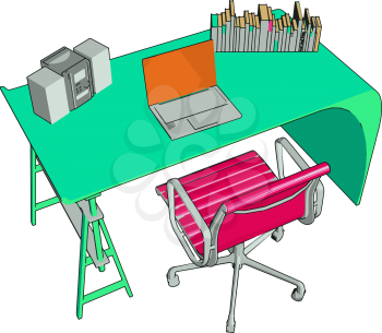 Desk chair usually use a single distinctive load bearing leg (often called a gas lift) which is positioned underneath the chair seat vector color drawing or illustration