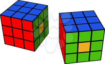 In a classic Rubik Cube each of the six faces is covered by nine stickers each of one of six solid colors: white red blue orange green and yellow vector color drawing or illustration