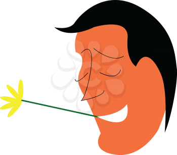 A cartoon of a man with black hair holding a yellow flower in his mouth vector color drawing or illustration