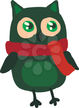 A green owl with pointed ears and glowing green eyes wearing a red scarf vector color drawing or illustration