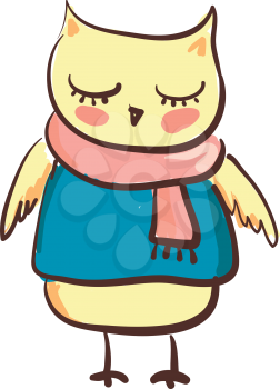 An owl with his eyes closed wearing a blue tshirt and a peach scarf draped around its neck vector color drawing or illustration
