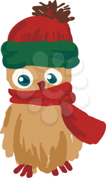 A brown colored owl with red nose wearing red scarf vector color drawing or illustration