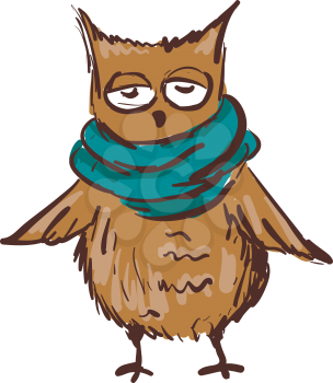 A sleepy looking owl wearing a blue muffler with both wings open vector color drawing or illustration