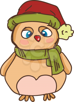 A grumpy owl wearing a green muffler and a red stocking hat vector color drawing or illustration