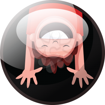 Cartoon character of child hanging upside down vector illustration in black circle on white background.