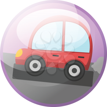 Cartoon character of a red car driving on the road vector illustration in light purple circle on white background.