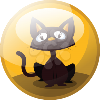 Cartoon character of a brown cat sitting and smiling vector illustration in yellow circle on white background.