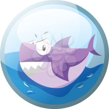 Cartoon character of an angry purple shark in the water vector illustration in blue circle on white background.