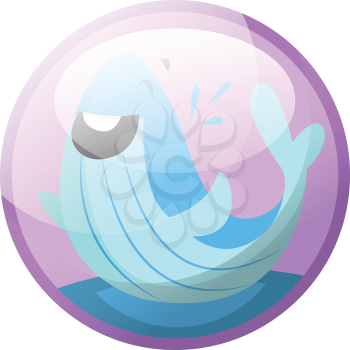 Cartoon character of a happy blue whale in the water vector illustration in light purple circle on white background.