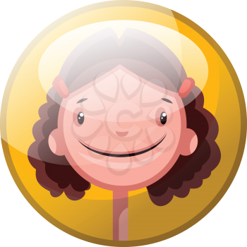 Cartoon character of a smiling girl with brown curly hair vector illustration in yellow circle on white background.