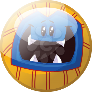 Cartoon character of a blue monster with big teeth smiling vector illustration in yellow circle on white background.