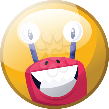 Cartoon character of a pink monster with big teeth smiling vector illustration in yellow circle on white background.