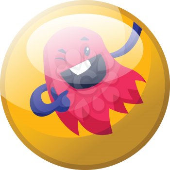 Cartoon character of a dark pink monstyer with purple arms flying and winking vector illustration in yellow circle on white background.