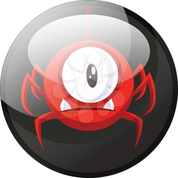 Cartoon character of a red spider looking monster with one eye vector illustration in black circle on white background.