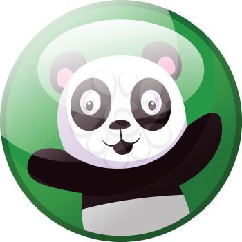 Cartoon character of black and white panda with arms wide open vector illustration in green circle on white background.