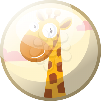 Cartoon character of a yellow giraffe with brown dots smiling vector illustration in light grey circle on white background.