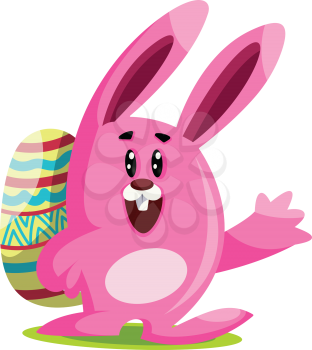 Pink Easter bunny with big ears carry an egg and waving  illustration web vector on white background