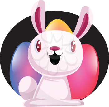 Bunny in front of colorful easter eggs illustration web vector on white background