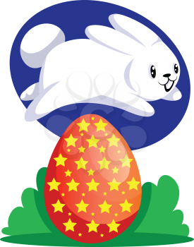 White easter rabbit jumping over red egg illustration web vector on white background