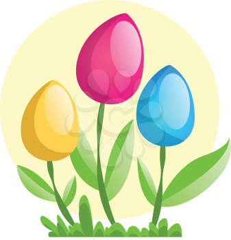 Yellow pink and blue Easter eggs on flower stems illustration web vector on a white background