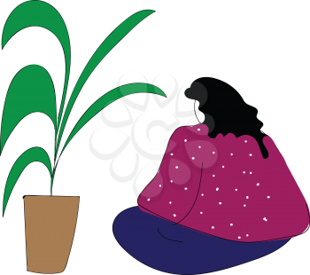 Girl in pink shirt with white dots and blue pants sitting near a palm in pot  vector illustration on white background 