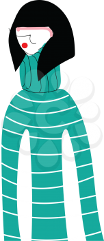 Abstract portrait of a girl with black hair in turquoise turtleneck with white stripes  vector illustration on white background 
