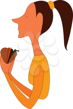 Portrait of a girl with ponytail holding a burger vector illustration on white background 