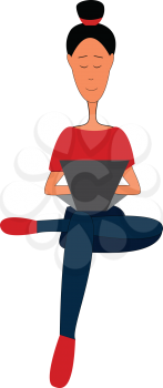 Girl in red t-shirt blue pants and red shoes sitting with a laptop  vector illustration on white background 