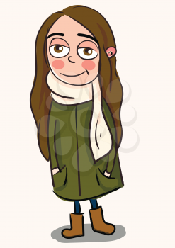Cute smiling girl with long brown hair in a long green coat and white scarf vector illustration on white background 