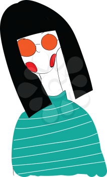 Abstract portrait of a girl with black hair and blue and white shirt with orange eyeglasses vector illustration on white background 