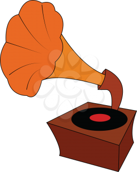 Vintage brown and orange gramophone with black vinyl record vector illustration on white background 
