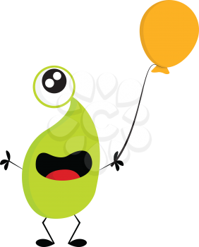One-eyed green monster with an yellow balloon vector illustration on white background 