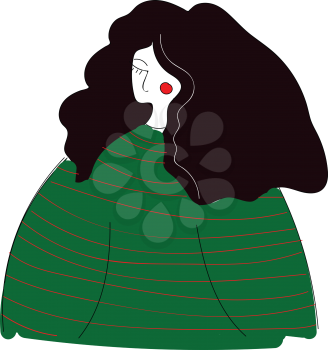 Abstract portrait of a girl with long dark hair in a green sweater with red stripes vector illustration opn white background 