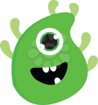 Happy one-eyed green monster with four arms and green horns vector illustration on white background 