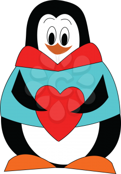 Cartoon of a penguin in blue coat holding a big red heart vector illustration on white background 
