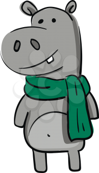 Smiling grey hippo with gren scarf vector illustration on white background 