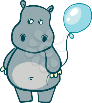 Cute grey hippo with blue balloon vector illustration on white background 