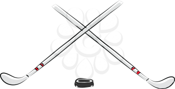 Vector illustration of two white hockey sticks and black puck white background 