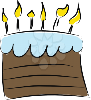 Brown cake with light blue icing and lit candles vector illustration on white background 