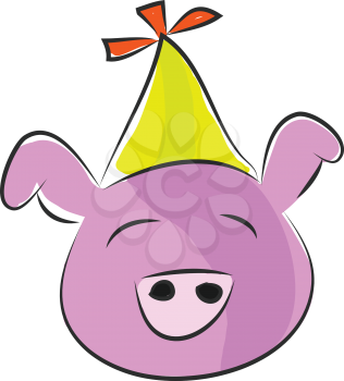 Pink pig with yellow party hat vector illustration on white background 